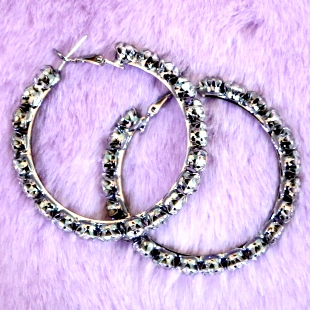Chunky Crystal Silver Hoop Earrings   💜 ONE LEFT - Picture 4 of 4
